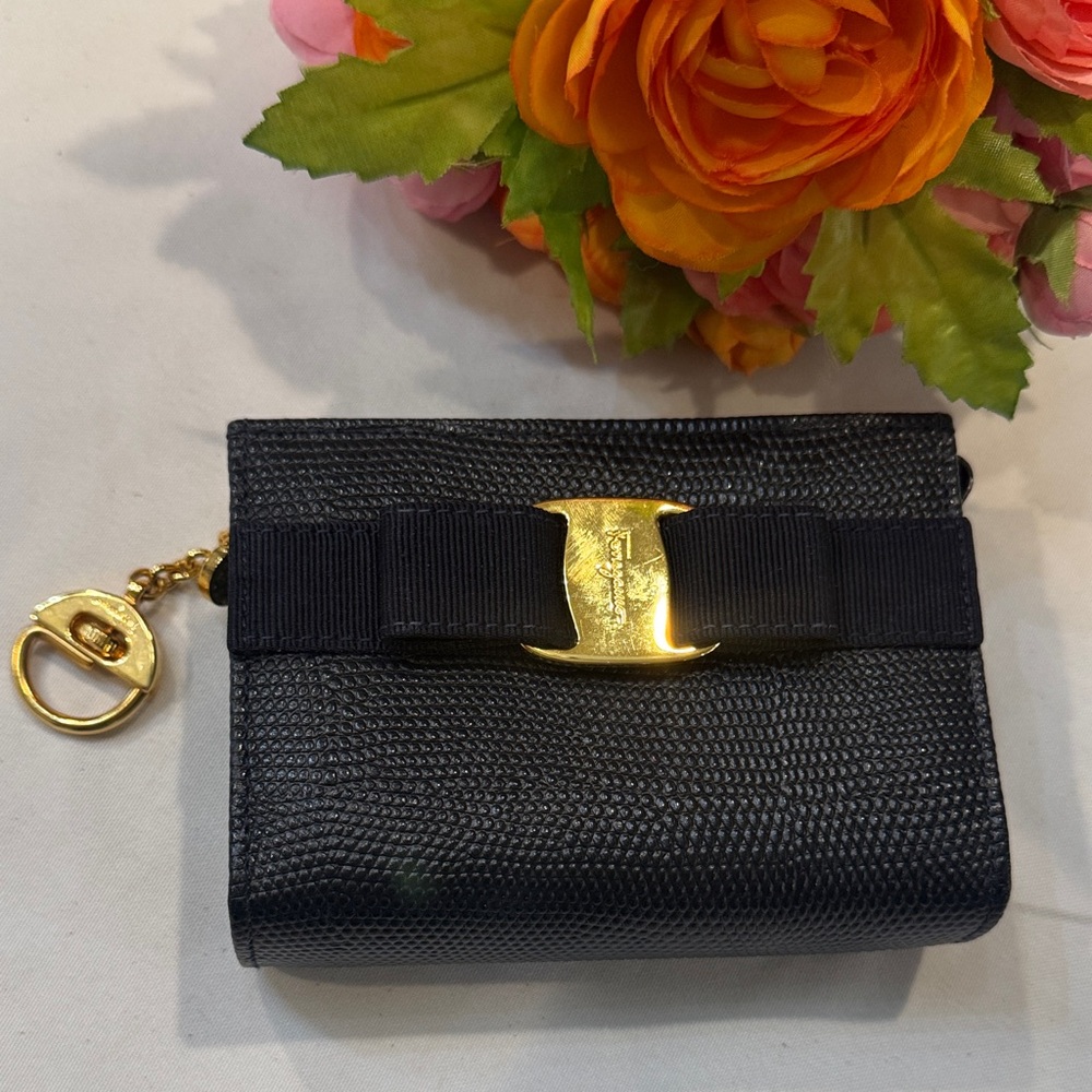 Authentic Salvatore Ferragamo Black Wallet with Gold Accent for Keys